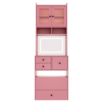 3 in 1 Vanity Desk with LED Light, Tall Makeup Vanity Set with 2 AC Outlets & USB-C, Dressing Table with Storage Drawers & Acrylic Doors, Nightstand Vanity Mirror, Jewelry Box, Cushioned Chair