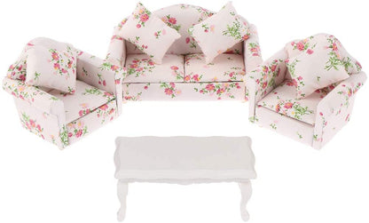 Dollhouse Furniture Set 3 Pcs 1:12 Dollhouse Miniature Wooden Sofa Cushions Armchair Pillow Kit Dolls House Furniture Couch with 1 Pc Dollhouse Teatable Coffee Table