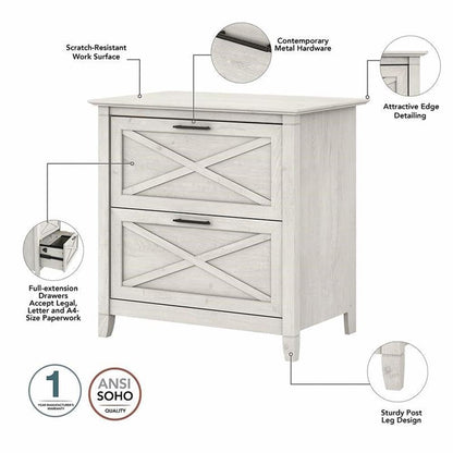 Bush Furniture Key West 54W Computer Desk with 2 Drawer Lateral File Cabinet and 5 Shelf Bookcase in Linen White Oak