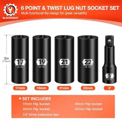 BLACKROBOT 5-Piece 1/2" Drive Lug Nut Removal Tool, 6 Point & Twist Lug Nut Extractor, Impact Flip Socket Set (17mm, 19mm, 21mm, 22mm) with 3" Extension Bar, CR-MO Steel