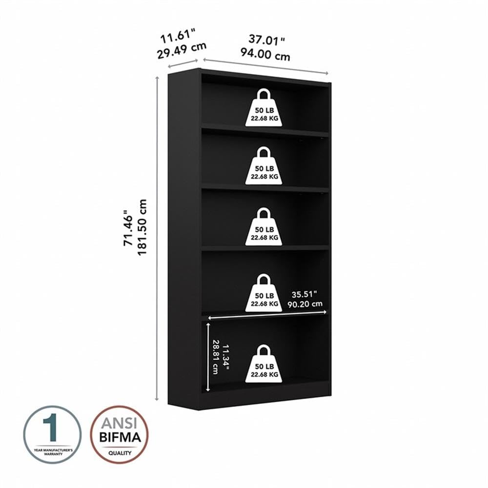 Bush Home Tall 5 Shelf Bookcase, 5 Tier Bookshelf Storage Cabinet with Adjustable Shelves for Living Room, Bedroom or Home Office, Universal Collection, Black