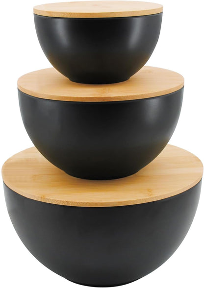 ECOWAY Salad Bowl Set of 3 with Bamboo Wooden Lids, Mixing Bowls Set, Nesting Bowls for Space Saving Storage, Made with Durable Eco-Friendly Bamboo Fiber, Great for Prepping and Serving Food, Black