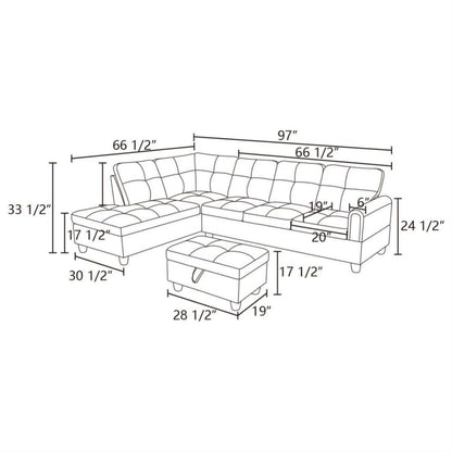 UOCFYK Grey-2 L-Shaped 3-Piece Linen Sofa with Storage Ottoman Set, Sectional Couch Sofa Set for Living Room, Office, Small Space