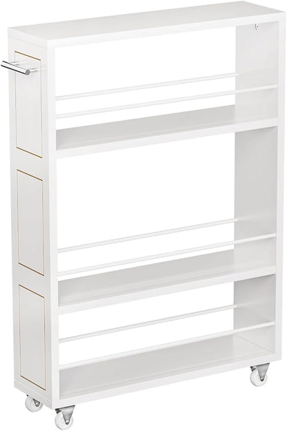 KLM 4 Tier White Slim Storage Cart with Handle, Slide Out Storage Rolling Utility Cart for Kitchen, Laundry, Narrow Places-6.7" W