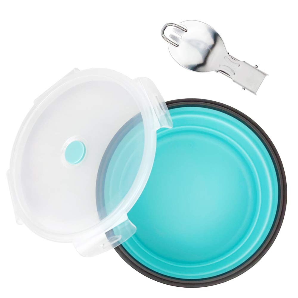 CCyanzi 1200ml Collapsible Camping Bowl Silicone Food Storage Container with Lid and Foldable Stainless Steel Fork Spoon, for Picnic, Travel, Camping, RV, Fridge and Microwave Bowls