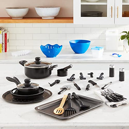 Gibson Home 74 Piece Kitchen in a Box Pots and Pans Cookware, Plates and Bowls Dinnerware, Cutlery Knife Block, Flatware Utensils, Tools & Gadgets, Storage, Glasses Set