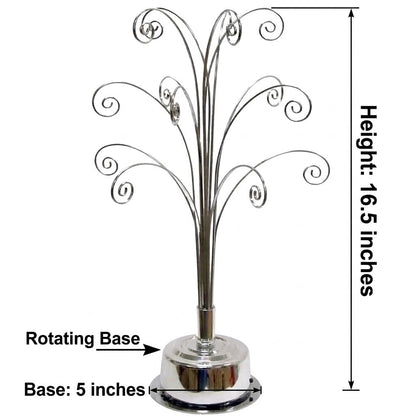 HOHIYA 360° Rotating Ornament Display Stand 15 Hooks Tabletop Christmas Tree Ornament Holder Metal Hanging Display Rack for Crystal Glass Baubles Jewelry and Home Decor Chrome Silver