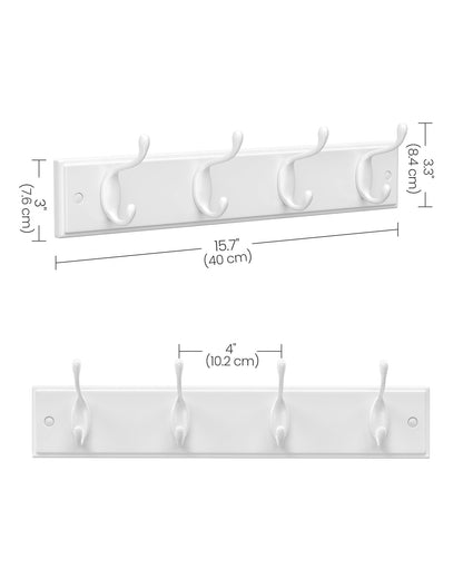 SONGMICS Wall-Mounted Coat Rack, Hook Rack, 4 Dual Metal Hooks, for Coats, Bags, Keys, in the Entryway, Bedroom, Living Room, White ULHR23WT