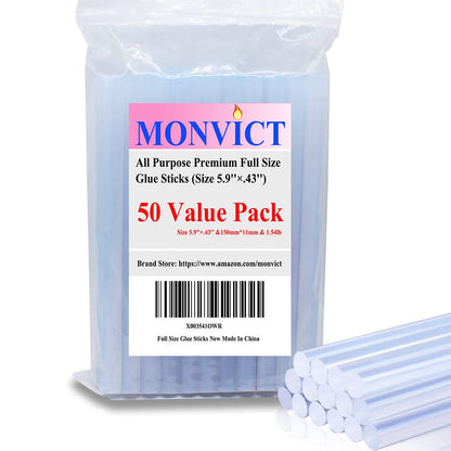 MONVICT 60/100W Full Size Hot Glue Gun Kit and Pack of 50 Hot Glue Sticks 5.9' & 0.43, Base Stand Heavy Duty Melt Glue Gun Kit with 15 Pcs Glue Sticks & 3 Finger Protectors for Quick Repairs,