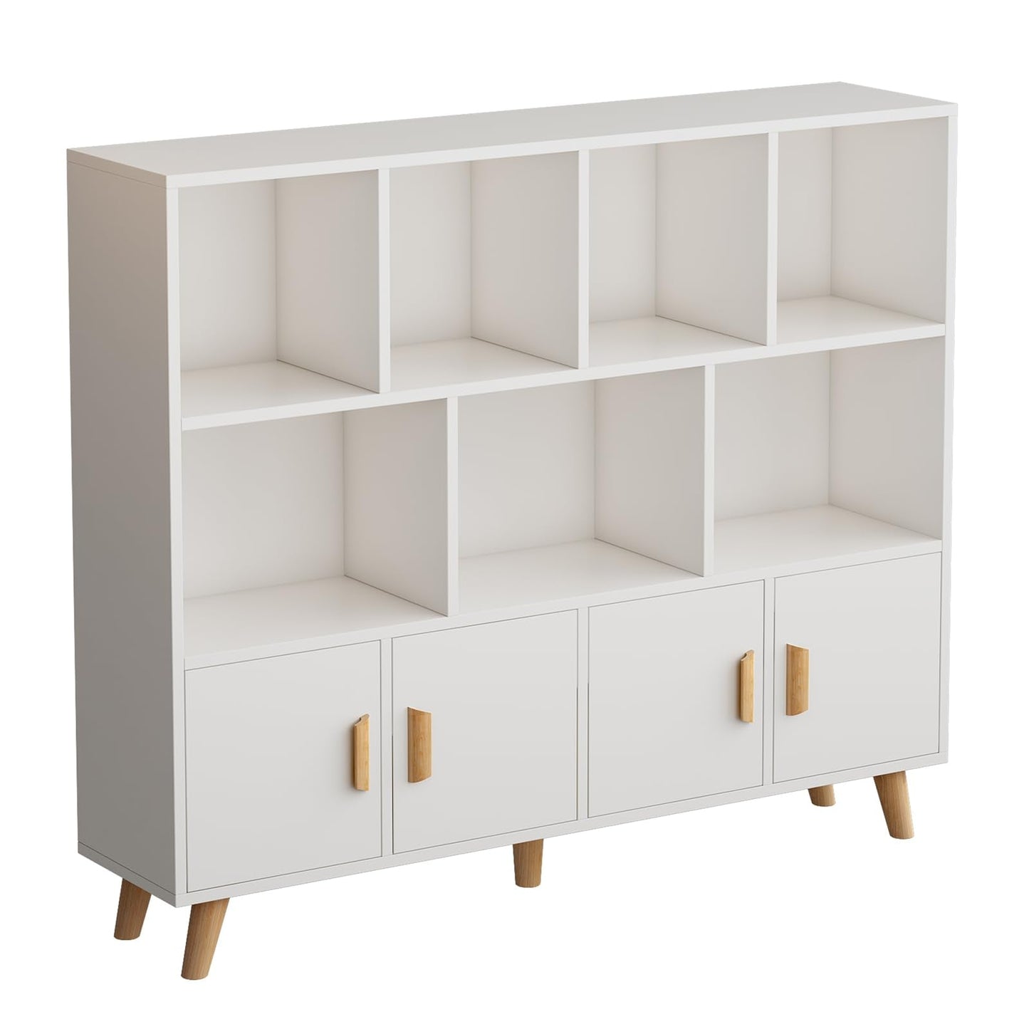 OSCHF Cubby Shelf Bookcase with Doors - Wooden 11 Cube Floor Standing Open Bookshelf with Solid Wood Legs, 3-Tier Storage Cabinet, Warm White