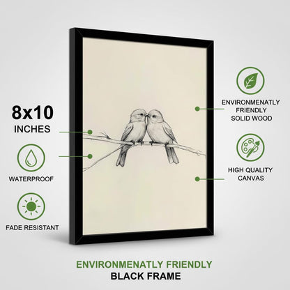 FBBLANG Minimalist Love Birds Wall Art – Neutral Beige Black & White Bird Illustration, Modern Scandinavian Home Decor for Bedroom Living Room Office Bar Black Frame 10 x 8 in