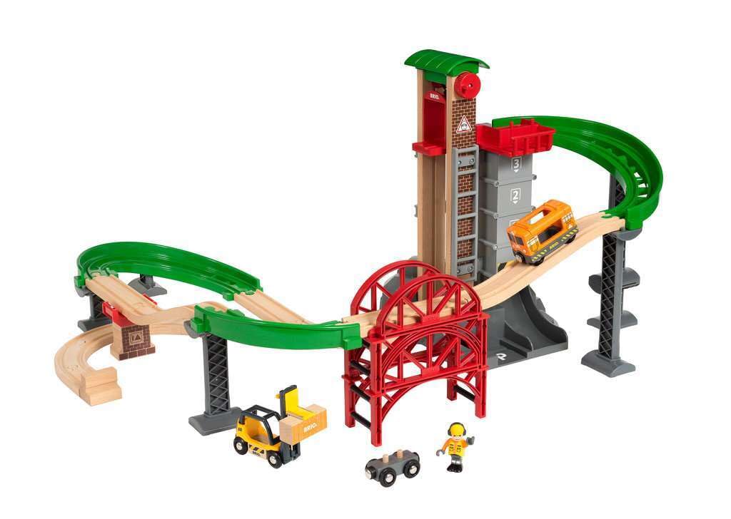 BRIO World Lift & Load Warehouse Set - 32-Piece Wood Train Set - Works with All Wooden Railway Sets - Includes 4-Level Elevator, Vehicles, Tracks & Full Station - MESH Accredited for Ages 3+