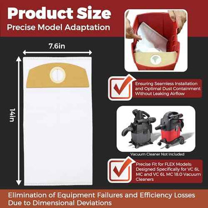 6-Pack Wet/Dry Dust Bags for FLEX 24V Brushless Wet/Dry Vacuum | Filter Bags Compatible with FLEX VC 6L MC & VC 6L MC 18.0 | Vacuum Cleaner Replacement Bags 487287