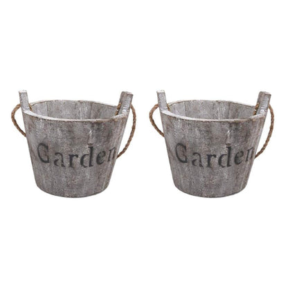 Hemoton Wooden Barrel Planter 2Pcs Set Rustic Bucket Flower Pot Decoration with Handle for Indoor Outdoor Succulent Plants