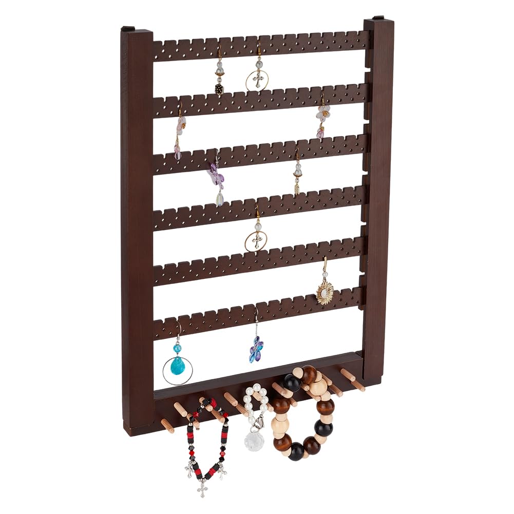 PH PandaHall Wall-Mounted Wooden Jewelry Rack, Wood Hanging Earring Holder Organizer Earring Studs Display Rack for 155 Pairs Earrings Stud Earring Home Boutique Jewelry Storage, Coconut Brown