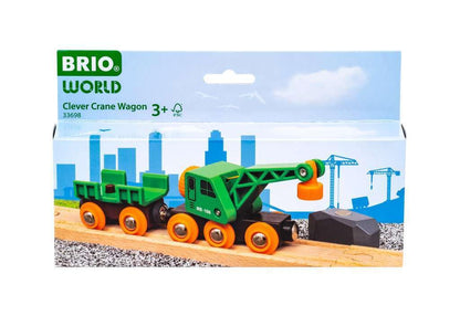 BRIO World 33698 - Clever Crane Wagon Set - 4 Piece Wooden Toy Train Set for Kids | Imaginative Play | Compatibility with Other Sets | FSC-Certified Wood