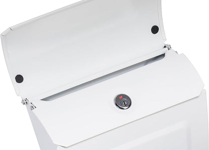 Architectural Mailboxes Aspen Locking Wall Mount Mailbox, White, Small | Galvanized steel build with a concealed lock and key drop box and weather-resistant outdoor construction.