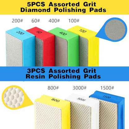 7 Pcs Diamond Hand Polishing Pads 60/100/200/400/800/1500/3000 Grit Diamond Sanding Pads Wet and Dry Sanding Block with Sponge Backing for Glass Tile Stone Concrete Granite Marble Ceramics