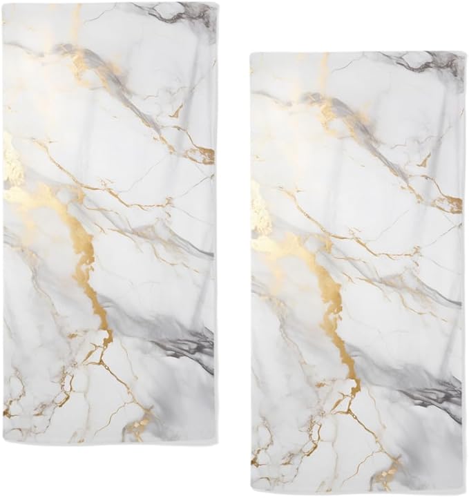 Marble Hand Towels Highly Absorbent White and Gold Marbling Bathroom Kitchen