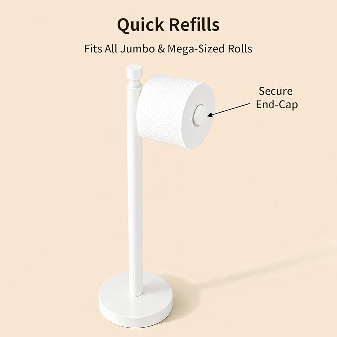 YUMORE Toilet Paper Holder Stand, Weighted Base, Matte White | Stainless Steel Design with Open-Arm Access for Bathrooms and Powder Rooms