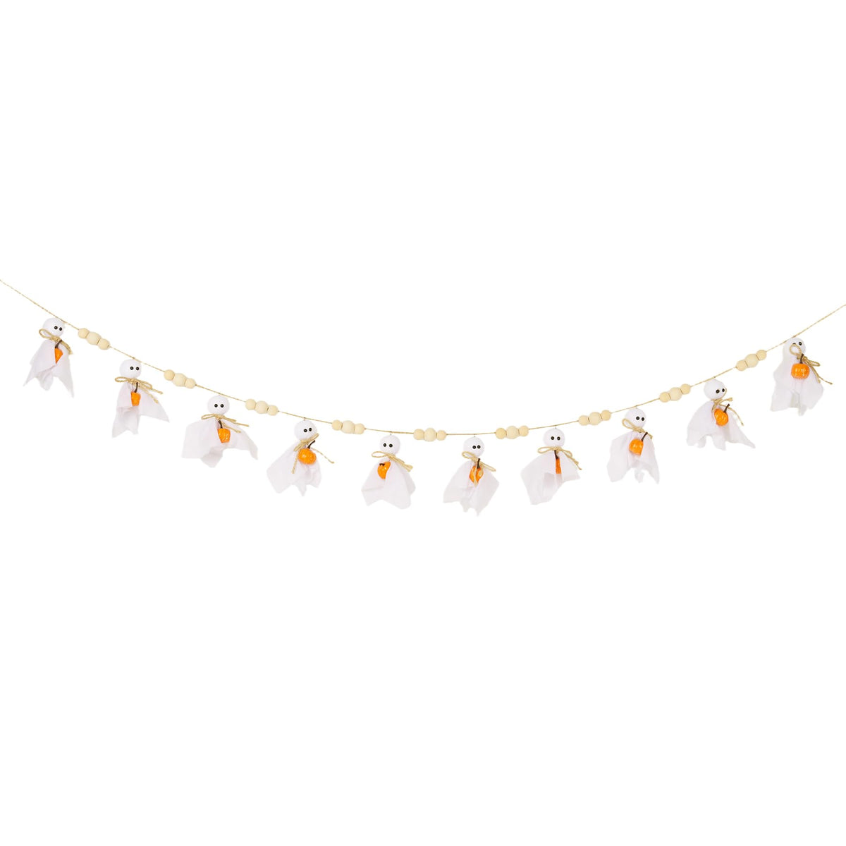 Cute Halloween Ghost with Wooden Beads Garlands, Handmade Rustic Halloween Banner for Wall Home Indoor Outdoor Spring Decor Supplies (Pumpkin)
