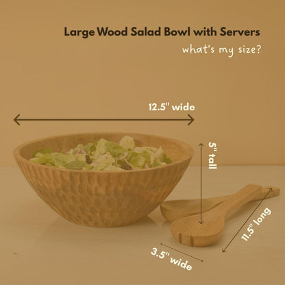 Large Salad Bowl with Servers, Wooden Bowl, Etched Pattern, Beige Brown, 12.5" Wide