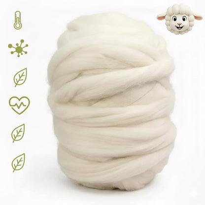 1 lb Merino Wool Roving Bulk 25 Micron, for Needle & Wet Felting, Hand Spinning Soft Chunky Jumbo|100% Natural Undyed (Off-White) Wool Yarn, Core, Combed Stuffing Clean carded
