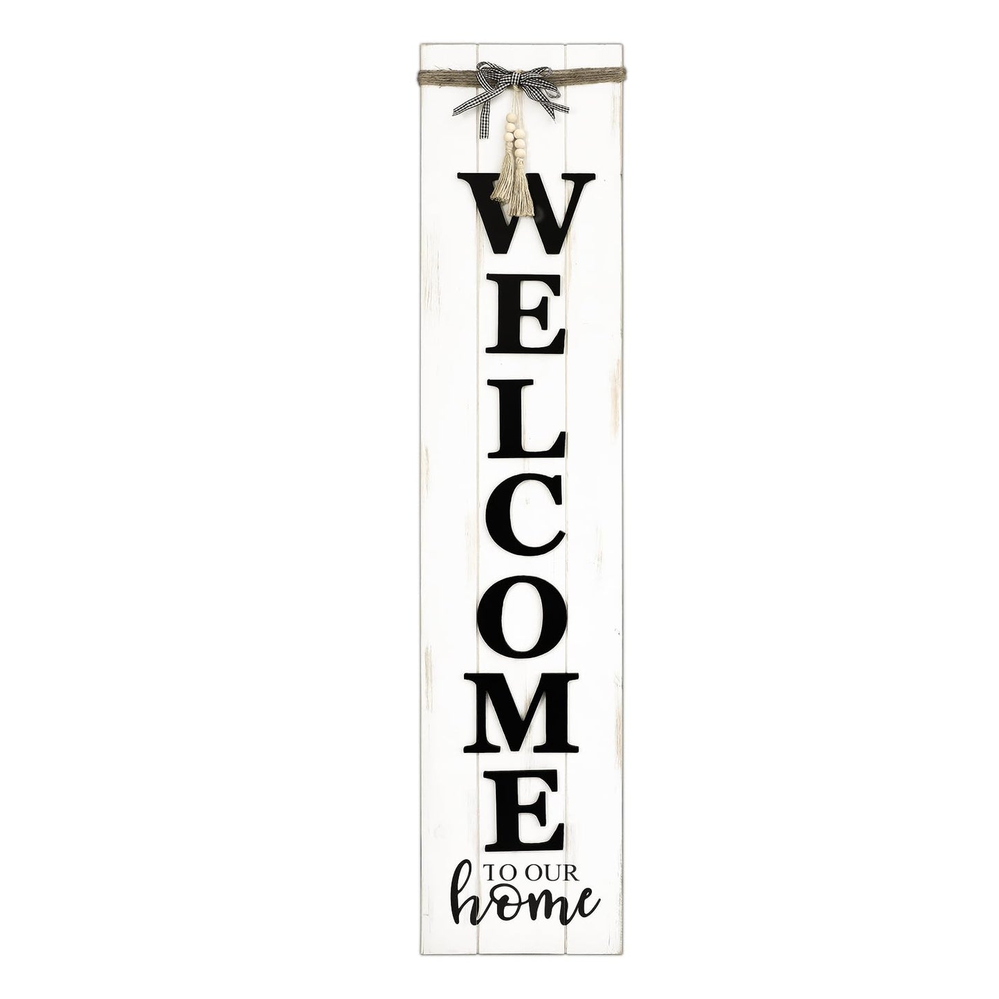 MODE HOME Large Vertical Welcome Sign for Front Door Porch, 47x10 Inch Solid Wood Farmhouse Porch Decor, 3D Raised Letters Rustic Welcome to Our Home Sign with Beads & Bow, No Assembly Required, Whitewashed