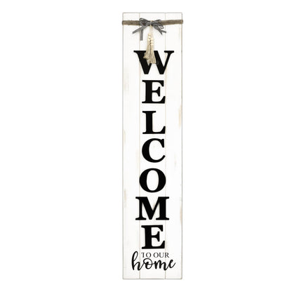 MODE HOME Large Vertical Welcome Sign for Front Door Porch, 47x10 Inch Solid Wood Farmhouse Porch Decor, 3D Raised Letters Rustic Welcome to Our Home Sign with Beads & Bow, No Assembly Required, Whitewashed