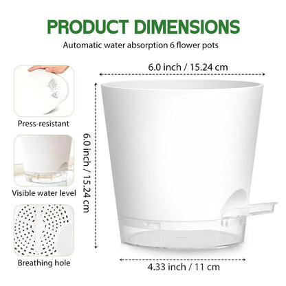 KEETUMOOD Self Watering Pots for Plants, 2026 New Flower Plant Pots with Drainage Holes, Wicking and Clear Reservoirs for Succulent, Aloe, Cacti and Others - 6 Pack (White, 6")