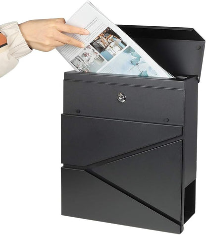 Decaller Large Capacity Mailbox with Key Lock, Wall Mount Metal Mail Box with Newspaper Compartment for Outside, 14.4" x 13" x 4.2", 933 Black