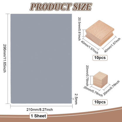 BENECREAT 20Pcs Rubber Stamp Set Blank Hard Wood Stamp Mounts with Grey Rubber Stamp Sheet 2 Sizes Laser Engraving Stamp Block Accessories for Crafts DIY Stamp Making, (0.8in/1.6in)