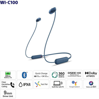 Sony WI-C100 Wireless in-Ear Bluetooth Headphones with Built-in Microphone, White