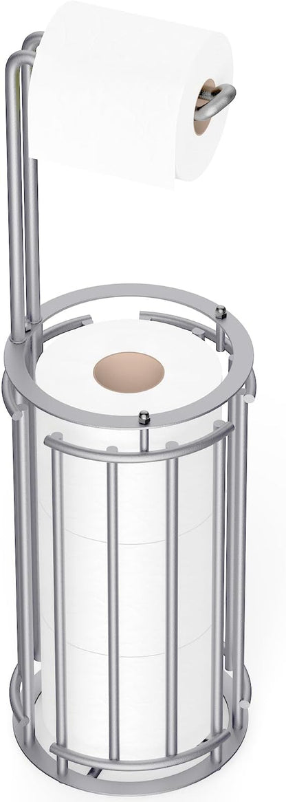 Meangood Toilet Paper Holder Stand and Tissue Paper Roll Dispenser for 4 Mega Rolls, Bathroom Free Standing Tissue Roll Storage Holder Rack, Detachable (Matte Silver)
