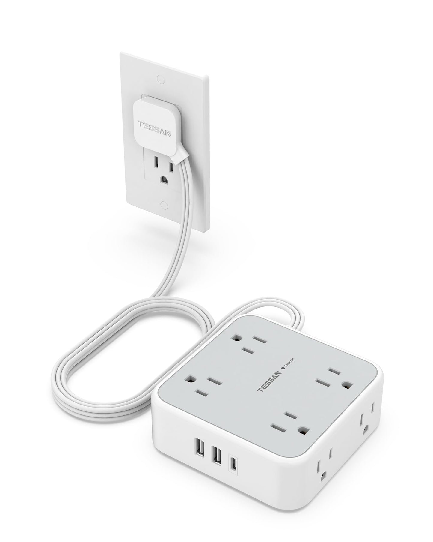 TESSAN Surge Protector Flat Extension Cord Flat Plug Power Strip, 8 AC Outlets, 3 USB Charger(1 USB C Port) 3 Sided Outlet Extender, 5 Ft, 900 Joules Protection, Office Supplies, Dorm Room Essentials