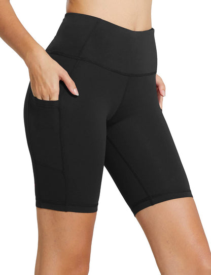 baleaf Biker Shorts for Women Workout Yoga Gym Spandex Athletic Running Volleyball Tummy Control Compression with Pockets 8" Black L
