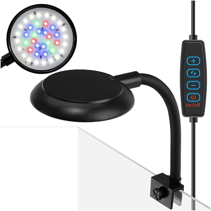 DaToo Mini Clip On Aquarium Light 7W Dimmable Small Fish Tank Light USB Moving Lamp with White Red Blue Green LED for 1 to 3 Gallon Tanks