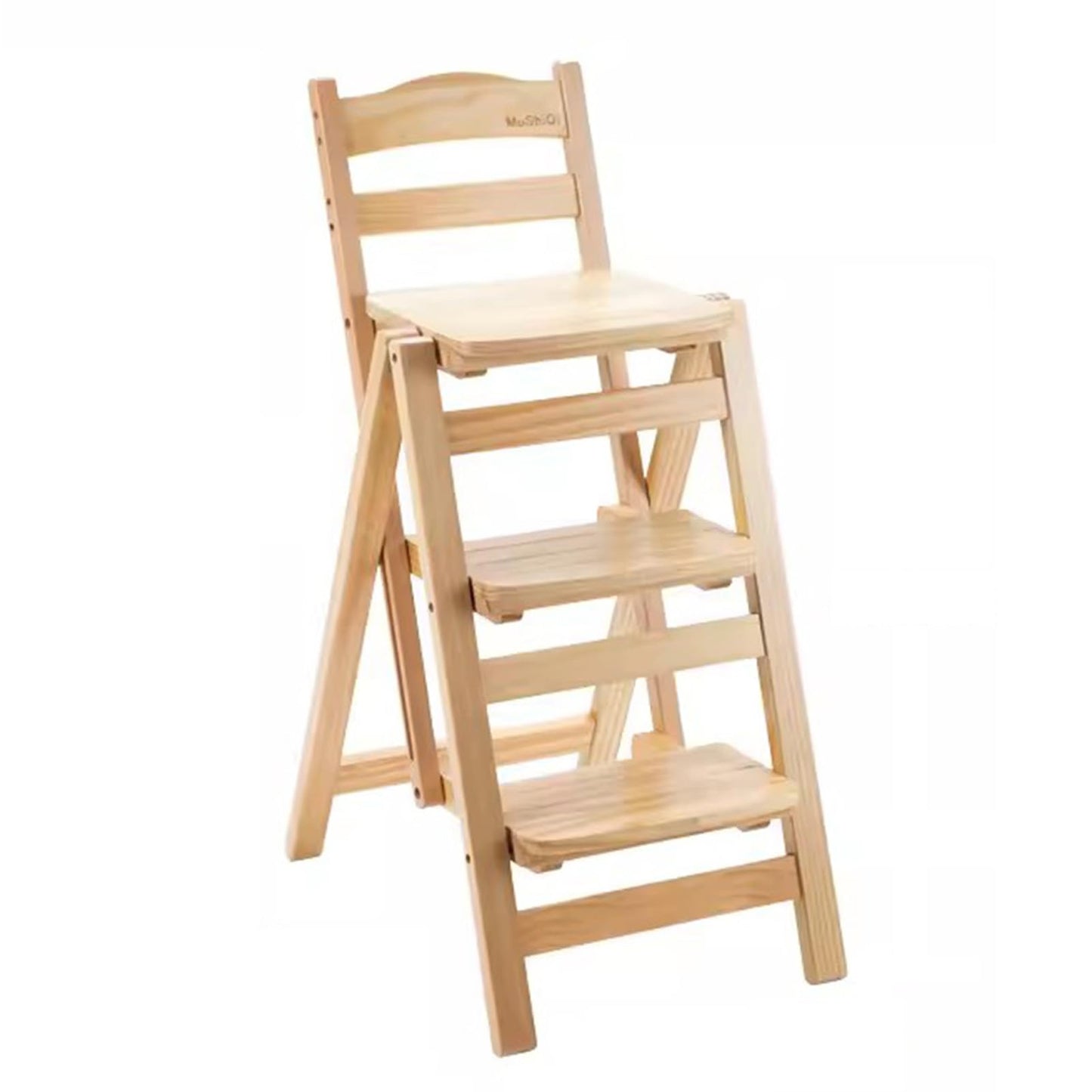 CDDUOLA Folding Bar Stool, 3 Step Multifunction Portable Adults Solid Wood Ladder Stool for Household Kitchen, Bathroom Storage Shelf, Wood Color