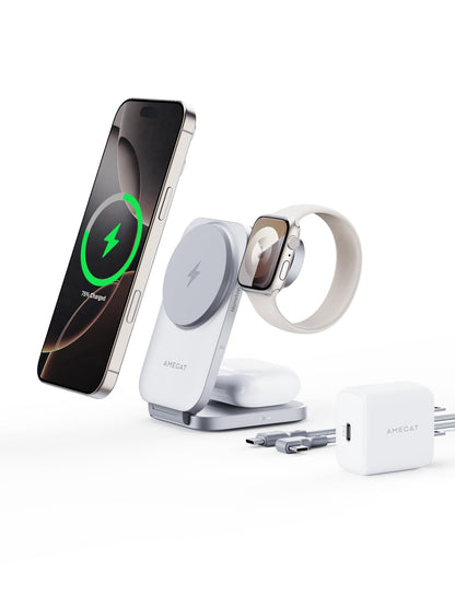 AMEGAT MagFusion Z 3-in-1 Charging Station Compatible with MagSafe, 15W Wireless Charger Foldable Qi2 Certified, Magnetic Charger for iPhone 17/16/15/14/13/12, AirPods 4/3/2/Pro, Apple Watch, Silver