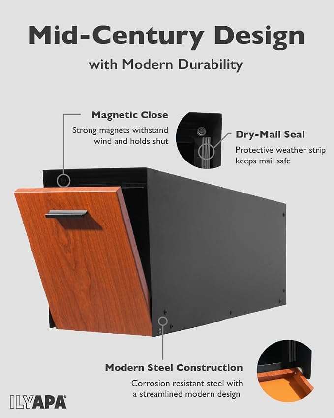 Ilyapa Modern Mailbox Post Mount - Large Mailbox for Outside - Black Metal Mail Box - Powder Coated Steel - All Weather Resistant