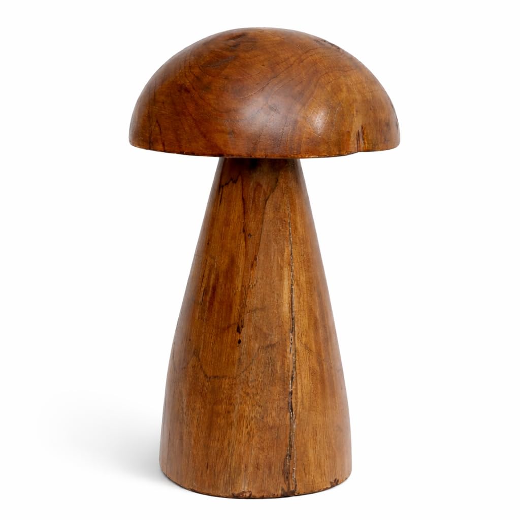 JOLLYMER Solid Teak Wood Mushroom Decor, Handmade Wooden Sculpture Rustic Boho Tabletop Accent, Natural Wood Grain Home Decoration Figurine for Living Room, Shelf, Coffee Table Indoor Decor
