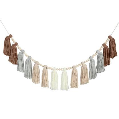 DrCor Neutral Boho Tassel Garland – Handmade Cream, Brown & Gray Yarn Banner for Nursery, Baby Shower, Birthday Party, Rustic Farmhouse Wall Hanging & Warm Cozy Home Decor
