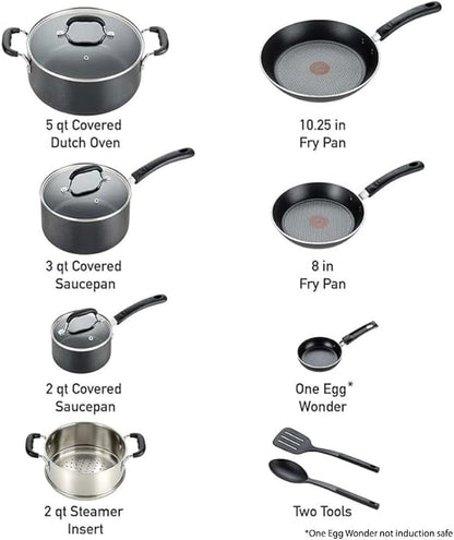 T-fal Experience Nonstick Cookware Set 12 Piece, Induction, Oven Broiler Safe 350F, Kitchen Cooking Set w/Fry Pans, Saucepan, Stockpot, Kitchen Utensils, Pots and Pans, Dishwasher Safe, Black