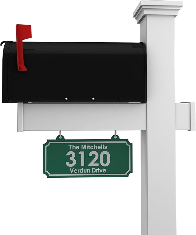4Ever Products Vinyl Mailbox Post System - Includes Black Steel Mailbox and Custom Address Plate (Green)