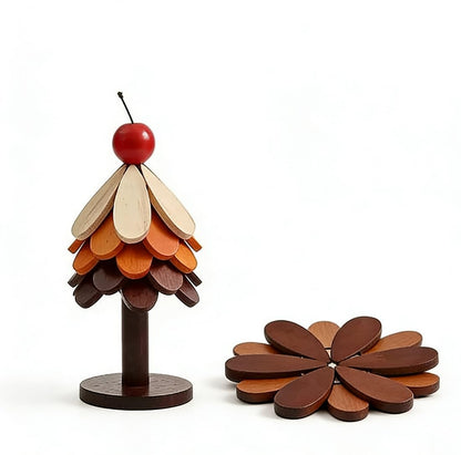 4 Sets in Wooden Apple Tree Trivets for Hot Dishes, Christmas Apple Tree Shape Table Decorations with 4 Piece of Hot Pot Pans, Walnut Wooden Coasters for Hot Soup Coffee Bowls Teapots,Table Decor