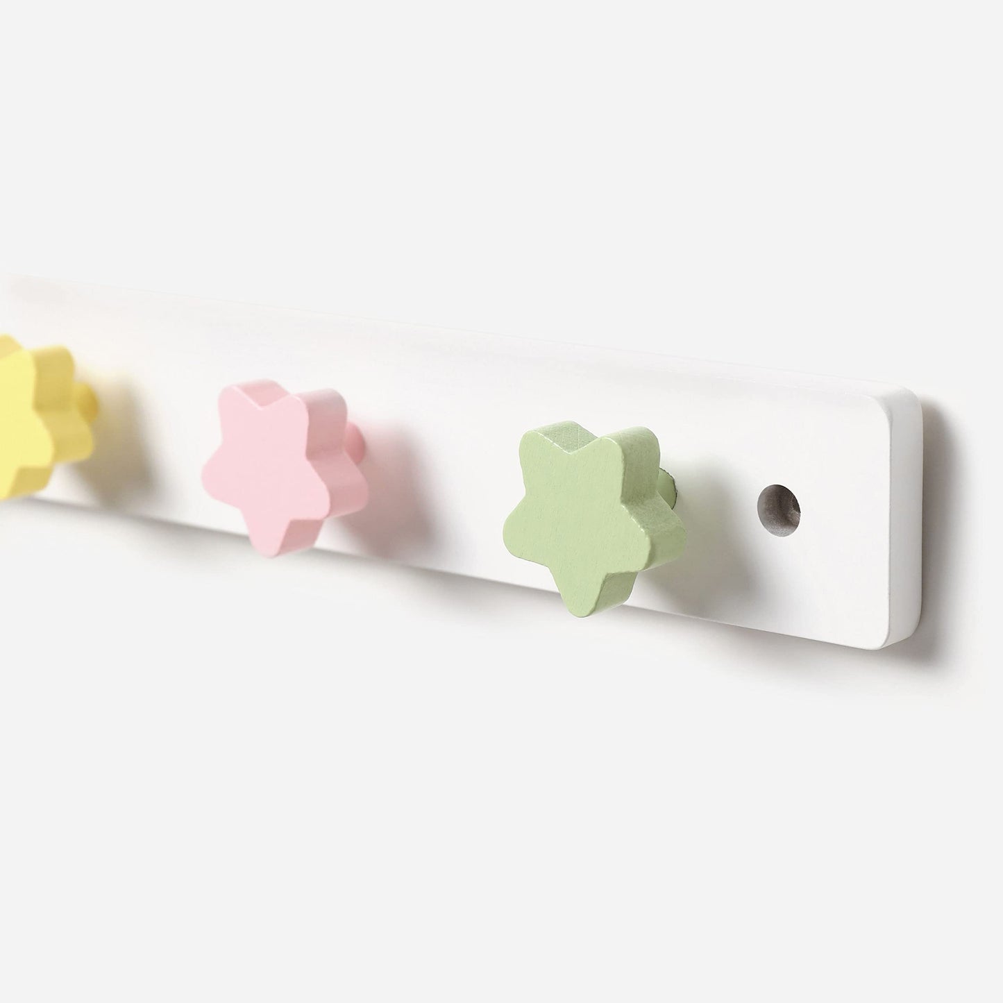 WONDERBEE Kids Coat Rack | Wall Mounted 14” Wooden Hanger | Decorative for Kid's Bedroom, Playroom, Bathroom | 4 Star Shaped Hooks for Hanging Coats, Backpacks & Towels | White