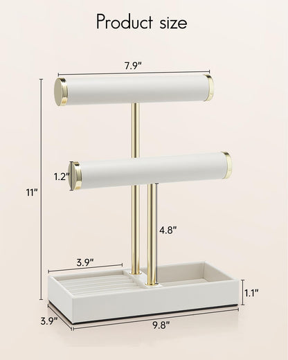 VLANDO 2 Tier Bracelet Holder with Tray - Leather Jewelry Stand Organizer for Women - Necklace Holder Display for Necklace, Watches, Rings, Earrings, Bangle, Scrunchie - White