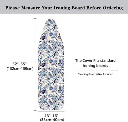Blue Peacock Feather Steam Ironing Board Cover Damask Floral 15x54 Inch