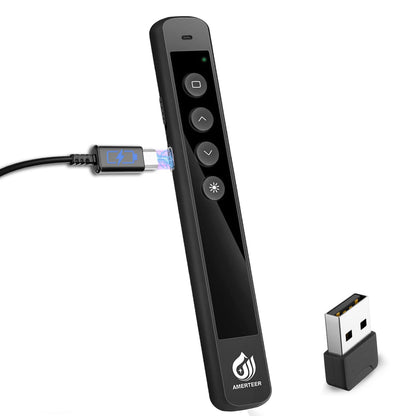 AMERTEER Wireless Presenter Remote – Presentation Clicker with 2.4GHz RF Hyperlink & Volume Control, Built-in Rechargeable Battery, Compatible with Keynote, PowerPoint, Mac, PC, and Laptops