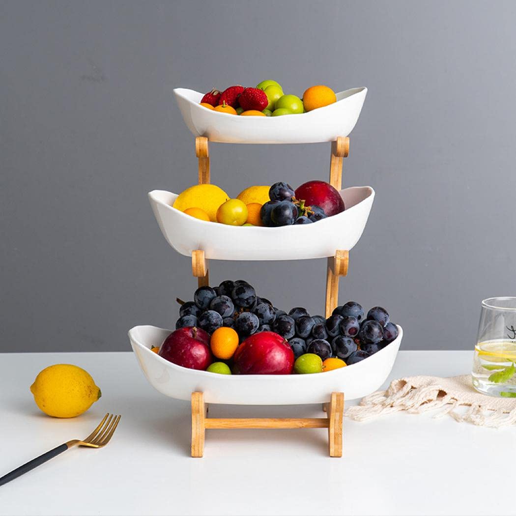 XUDREZ 3 Tier Fruit Basket for Kitchen Counter, 11"*8.6"*13" Ceramic Fruit Bowl for Kitchen Counter, Large Capacity Fruit Bowl Set with Holder, Bamboo Fruit Serving Tray (Porcelain)